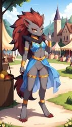 1girls 2025 ai_generated amber_eyes anthro black_fur blushing bracelet dancer digitigrade female female_only festival generation_5_pokemon gold_jewelry hi_res innie_pussy jewelry long_hair nintendo no_panties outdoors pokemon pokemon_(species) pussy red_hair smile zoroark