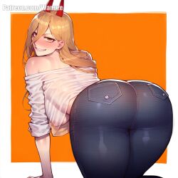 ai_generated all_fours big_ass big_breasts big_butt big_thighs black_pants blush chainsaw_man from_behind from_behind_position horn huge_ass huge_butt huge_thighs medium_breasts orange_eyes orange_hair power_(chainsaw_man) red_horns see-through see-through_clothing sharp_teeth simple_background wanuze white_shirt wide_hips