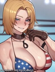 1girls 2d ai_generated alternate_breast_size american_flag_bikini big_breasts big_breasts big_breasts blonde_hair blue_eyes cowboy_hat dead_or_alive female looking_at_viewer ryogangg short_hair tina_armstrong