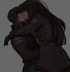 bandage black_hair bra dearpupa eyepatch kissing library_of_ruina long_hair project_moon scar shirt_open short_hair tenma_(library_of_ruina) yujin_(library_of_ruina) yuri yuri