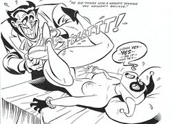 1boy 1girls batman:_the_animated_series batman_(series) black_and_white breasts bruce_timm dc dc_comics dcau english_text female gloves harley_quinn harley_quinn_(classic) joker monochrome nipples nude_female speech_bubble straight the_joker whoopie_cushion