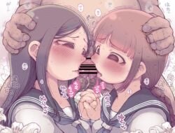 1boy 2girls black_eyes black_hair brown_eyes brown_hair collaborative_fellatio fellatio ffm_threesome holding_hands ibukichi interlocked_fingers licking_penis lily_(flower) long_hair multiple_fellatio multiple_girls penis school_uniform straight teamwork testicles