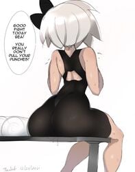 1girls ass bea_(pokemon) big_ass black_shorts bottom_heavy bubble_ass bubble_butt dark-skinned_female dark_skin gym gym_shorts pokemon pokemon_ss short_hair shorts sitting sweat sweatdrop sweating sweaty tight_clothing tight_fit tight_shorts twodust white_hair wide_hips