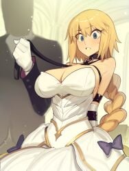 big_breasts blonde_hair blush bondage bridal_gauntlets bride clothed fate_(series) forced_marriage holding_leash jeanne_d'arc_(fate) kaddo leash leash_and_collar leash_pull leashed_collar male marriage married wedding_dress wide_eyed