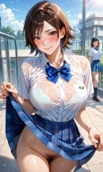 ai_generated anime_style blush hairy kazama_asuka school_uniform schoolgirl skirt_lift smile tekken vagina