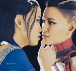 2girls 3d almost_kissing alternate_timeline black_hair dark_hair eye_contact female female_only hand_on_chin hand_on_face imminent_kiss implied_incest incest kissing kitana mileena mortal_kombat mortal_kombat_1_(2023) netherrealm_studios open_mouth princess rayalterego23 sister_and_sister sisters twincest twins yuri