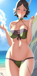 1girls alternate_costume arcedo ass_visible_through_thighs bare_shoulders bare_thighs beach bikini_top black_hair breasts cleavage collarbone feathers female_only fire_emblem fire_emblem_awakening fire_emblem_heroes green_bikini green_swimsuit grey_eyes hair_ornament large_breasts looking_at_viewer nintendo noire_(fire_emblem) noire_(summer)_(fire_emblem) ocean official_alternate_costume short_hair solo swimsuit thighs