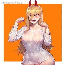 ai_generated big_ass big_breasts big_butt big_thighs blush chainsaw_man horn huge_ass huge_butt huge_thighs medium_breasts no_panties no_pants orange_eyes orange_hair paw_pose power_(chainsaw_man) red_horns see-through see-through_clothing sharp_teeth simple_background standing wanuze white_shirt wide_hips