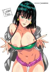 1girls 2d 2d_(artwork) areola_peek areola_slip artist_name belly big_breasts breasts cleavage closed_mouth clothing clothing_pull collarbone earrings female female_only fubuki_(one-punch_man) golden_foxx_(artist) goldenfoxx green_eyes green_hair hair_between_eyes hi_res highres hourglass_figure jacket large_breasts leaning_forward light-skinned_female light_skin looking_at_viewer medium_hair navel nipple_slip one-punch_man open_jacket painted_nails patreon_username pink_shorts short_hair shorts simple_background slim_waist slutty_clothes smile solo straight_hair teasing thick_thighs thighs tight_clothing tight_fit unbuttoned unbuttoned_pants unbuttoned_shorts white_background wide_hips