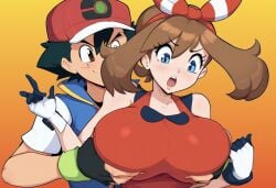 1boy ai_generated breast_grab breasts female huge_breasts may_(pokemon) may_(pokemon_oras) mullon muscular_male novelai paulinebabe pokemon pokemon_(anime) pokemon_journeys pokemon_protagonist pokemon_rse satoshi_(pokemon)