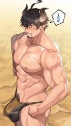 animal_ears balls bara barawa big_bulge blush bulge cow_ears draph facial_hair flaccid granblue_fantasy horns male male_only muscles muscular nullqllun penis solo solo_male