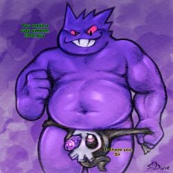 1:1 2024 4_fingers ambiguous_gender anthro belly big_belly biped black_eyes dialogue digital_drawing_(artwork) digital_media_(artwork) duo duskull english_text eye_penetration eye_socket fingers front_view generation_1_pokemon generation_3_pokemon gengar ghost grin improvised_underwear interspecies living_underwear looking_up male male_(lore) mostly_nude navel nintendo penetration penile penile_penetration penis_in_eye pokemon pokemon_(species) purple_background purple_body red_sclera signature simple_background slightly_chubby slightly_chubby_anthro slightly_chubby_male smile spirit spooky_dune teeth text