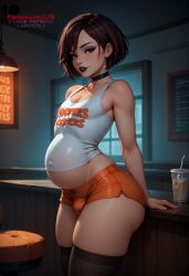 1boy ai_generated brown_eyes brown_hair bulge bulge_through_clothing choker ear_piercing earrings femboy flat_chest hooters ilfb looking_at_viewer medium_hair pregnancy pregnant standing thighhighs trap