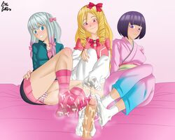 1boy 2021 3girls bed blonde_hair blue_eyes blush elf elf_ears elf_female eromanga_sensei evilgirl feet female female_focus foot_fetish foot_focus footjob fringe fringe_hair izumi_sagiri long_hair penis pink_background pointy_ears purple_hair red_eyes ribbon ribbons senju_muramasa short_hair silver_hair simple_background sitting sitting_on_bed yamada_elf yellow_hair