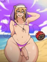 2boys androgynous arc_system_works ass beach bikini bikini_bottom_aside bikini_top blonde_hair blonde_pubic_hair bridget clothing_aside crossdressing edited_image facing_viewer femboy feminine_male girly guilty_gear guilty_gear_strive hip_dips huge_hips huge_thighs looking_at_viewer medium_penis nipples one_arm_behind_head otoko_no_ko outdoors penis smirk standing striped_bikini teenager therabutt thick_thighs trap weapon wide_hips