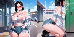 1girls 2026 ai_generated anime anime_girl annoyed bare_shoulders black_hair black_shoes blush bob_cut cameltoe crop_top denim_shorts green_eyes hands_in_pockets highres implied_oral implied_sex nipples noxiea open_jacket outdoor_sex outdoors patreon patreon_username short_hair sound_effects stealth_fellatio stealth_sex uncensored viper_(valorant) white_shirt white_tank_top