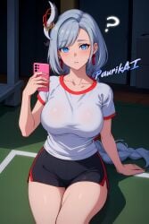 2025 2d 4k 4k_resolution ai_generated aigirl black_shorts blue_eyes blush breasts detailed ecchi genshin_impact gym_uniform hd hentai high_resolution highres holding_phone lewd nsfw paurikai porn question_mark sex shenhe_(genshin_impact) sports_uniform thick thick_breasts thick_legs uncensored watermark white_hair white_shirt