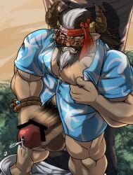 animal_ears balls bara beard boner cow_ears draph erection facial_hair granblue_fantasy horns kaltet0818 male male_only masturbation muscles muscular penis redluck solo solo_male