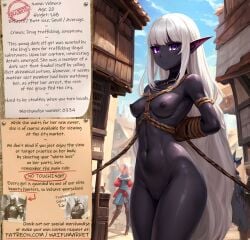 ai_generated anime bondage bondage bounty_hunters dark_elf dark_skin ebony edited fantasy female fictional market naked nude photoshop purple_eyes requested roleplay ropes slave slavegirl slavery small_boobs small_breasts small_tits waifu white_hair