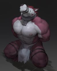 abs absurd_res angry annoyed anthro bondage bottomwear bound bulge canid canine canis clenched_teeth clothed clothing coyotem3 crouching cuff_(restraint) fu_touer hair hands_behind_back hi_res kneeling loincloth male mammal muscular muscular_male muzzle_(object) pecs raised_head red_hair restraints simple_background solo teeth topless wolf