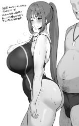 1boy 1girls after_fellatio ass bare_shoulders blush body_hair breasts chubby chubby_male clothes_pull competition_swimsuit cum cum_in_mouth erection_under_clothes faceless_male facial facial_hair greyscale grin hi_res hotate-chan huge_breasts japanese_text looking_at_viewer mole mole_on_ass mole_on_breast monochrome navel necklace one-piece_swimsuit one_eye_closed original ponytail pout pubic_hair sidelocks simple_background smile speedo stomach straight stray_pubic_hair sweat swimsuit teeth thick_thighs thighs topless_male very_long_hair whistle white_background