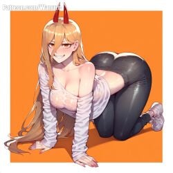 ai_generated all_fours big_ass big_breasts big_butt big_thighs black_pants blush chainsaw_man horn huge_ass huge_butt huge_thighs medium_breasts orange_eyes orange_hair power_(chainsaw_man) red_horns see-through see-through_clothing sharp_teeth simple_background wanuze white_shirt wide_hips