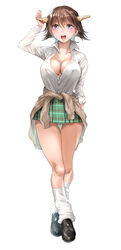 arm_up black_footwear blue_eyes breasts brown_hair cameltoe cleavage clothes_around_waist collarbone covered_nipples female full_body green_skirt gyaru hand_up headgear hiei_(kantai_collection) highres jacket jacket_around_waist kantai_collection large_breasts looking_at_viewer loose_socks no_bra open_mouth panties panty_peek partially_unbuttoned school_uniform shirt short_hair skirt smile tororo_ten underwear white_background white_legwear white_panties white_shirt