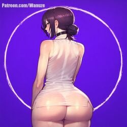 ai_generated big_ass big_butt big_thighs blush chainsaw_man from_behind from_behind_position green_eyes huge_ass huge_butt huge_thighs medium_breasts no_panties no_pants purple_hair reze_(chainsaw_man) see-through see-through_clothing simple_background small_breasts standing wanuze white_shirt wide_hips