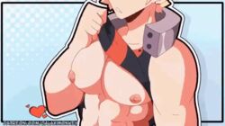 animated bara big_pecs blonde_hair boobs galaximonkey gay katsuki_bakugou male_boobs male_breasts man_boobs my_hero_academia nipples pecs pectorals pulling_shirt spiky_hair