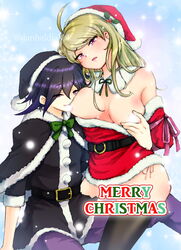 1boy ahoge akamatsu_kaede arms_behind_back bare_shoulders belt biting black_belt black_capelet black_headwear black_jacket blonde_hair bow bowtie breasts capelet censored censored_nipples commentary_request danbaldia danganronpa danganronpa_v3:_killing_harmony dress eyebrows_visible_through_hair female fur-trimmed_capelet fur-trimmed_dress fur-trimmed_headwear fur_collar fur_trim green_bow green_bowtie hair_ornament hat highres jacket large_breasts merry_christmas musical_note_hair_ornament neck_ribbon nipple_biting ouma_kokichi pants purple_pants red_dress red_headwear ribbon santa_costume santa_dress santa_hat sitting straight straight_hair thighhighs