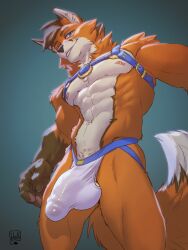 abs anthro balls big_bulge blue_eyes bulge canid canine clothing detailed_bulge fluffy fluffy_tail fox genital_outline genitals gradient_background grinning_at_viewer harness head_tuft hi_res jockstrap lion21 male mammal muscular muscular_anthro muscular_male nipples pecs penis_outline simple_background solo tail tuft underwear