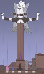 2019 animal_dildo animal_sex_toy anthro anus avian back_wings beak biped black_stripes bottomwear bound breasts clothing collar_ring crotchless_bottomwear crotchless_clothing crotchless_pants dildo feathered_wings feathers female front_view fuf genitals gryphon head_tuft hi_res imminent_pain inside looking_down medium_breasts mostly_nude mythological_avian mythological_creature mythology navel nude pants pawpads sex_toy solo spiked_dildo spiked_sex_toy spikes striped_body stripes tuft vulva white_body wings