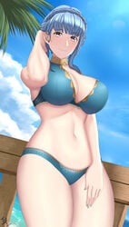 1girls alternate_version_available arcedo blue_hair color female female_only fire_emblem fire_emblem:_three_houses fire_emblem_heroes marianne_von_edmund marianne_von_edmund_(summer) nintendo pink_eyes solo solo_female swimsuit