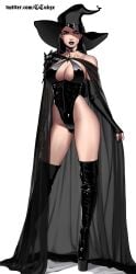 1girls big_breasts black_lipstick choker cleavage cloak goth high_heel_boots hoop_earrings lara_(otto_cubze) latex looking_at_viewer otto_cubze platform_heels solo tagme white_background witch_hat