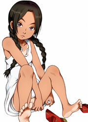 abenobashi_mahou_shoutengai asahina_arumi bottomless braid braided_hair braided_twintails dark_skin dress e10 feet highlighted_soles pussy pussy_peek sandals tagme tan tan_body tanline twintails zouri