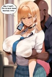 age_difference ai_generated before_sex big_breasts blonde_hair choker dark-skinned_male dark_skin ene femsub grabbing_from_behind groping groping_breasts imminent_sex interracial kitagawa_marin naughty_face netorare ntr on_phone phone qos school_uniform sono_bisque_doll_wa_koi_wo_suru speech_bubble stealth_sex talking_on_phone text