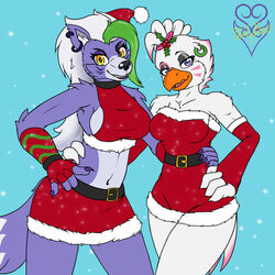 2girls animatronic anthro big_breasts breasts busty canid canine canis chicken chicken_humanoid collar ear ear_piercing ear_ring earrings eyebrows eyelashes eyes eyeshadow face_markings feathers female female_anthro five_nights_at_freddy's five_nights_at_freddy's:_security_breach fur furry furry_tail glamrock_chica_(fnaf) gloves green_hair grey_fur hips hourglass_figure humanoid jewelry large_breasts legs long_hair mammal midriff multicolored_hair piercing purple_body purple_fur rockstar roxanne_wolf_(fnaf) sharp_teeth steel_wool_studios stomach tail teeth thevgbear thighs voluptuous white_feathers white_hair wide_hips wolf wolf_ears wolf_humanoid wolf_tail yellow_eyes