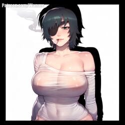 ai_generated big_ass big_breasts big_butt big_thighs blindfold blush chainsaw_man cigarette green_eyes green_hair himeno_(chainsaw_man) huge_ass huge_butt huge_thighs medium_breasts no_bra no_panties no_pants see-through see-through_clothing simple_background wanuze white_shirt wide_hips