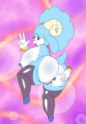 anthro anus ariem_(sonic) armless ass big_breasts blue_body bovid breasts butt_grab caprine disembodied_hand female floating fourssss genitals gesture goat hand_gesture hand_on_butt hi_res looking_back mammal purple_eyes pussy sega slightly_chubby solo sonic_(series) sonic_dream_team sonic_the_hedgehog_(series) spread_butt spreading v_sign