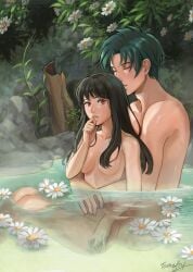 1boy 1girls absurdres arms_around_waist astrid_(fire_emblem) black_hair breasts closed_eyes commission completely_nude convenient_censoring fire_emblem fire_emblem:_radiant_dawn flower game_cg green_hair highres long_hair looking_back medium_breasts nervous non-web_source nude onsen orange_eyes sitting sothe_(fire_emblem) tamafry water