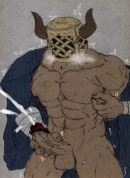 artist_request bakura_(granblue_fantasy) balls bara boner cum draph erection granblue_fantasy horns male male_only mask muscles muscular nipple_tweak orgasm penis solo solo_male sweat sweating