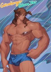 animal_ears balls bandaids_on_nipples bara bulge cow_ears draph flaccid geisenborger goldenrhein granblue_fantasy horns male male_only muscles muscular penis solo solo_male