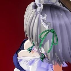 1girls 3d animated big_breasts blue_eyes bouncing_breasts breast_focus breasts busty cleavage female female_only from_above grey_hair highres izayoi_sakuya large_breasts maid maid_headdress mofumoko5 no_bra open_mouth smile solo tagme tongue touhou video voluptuous walking