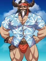 41raco animal_ears balls bara beard bulge cow_ears draph facial_hair flaccid granblue_fantasy horns male male_only muscles muscular penis redluck solo solo_male