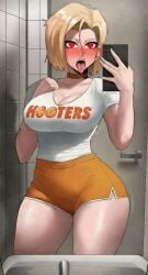 android_18 bathroom blonde_hair dragon_ball_z fangs heart-shaped_pupils holding_smartphone hooters_uniform normal sexy solo_female tounge_out