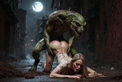 1boy 1girls ai_generated female_human female_human/male_feral female_human/male_monster feral_on_female feral_on_human full_moon interspecies interspecies_sex male_feral male_feral/female_human male_monster monster monster_on_female monster_on_human monster_penetrating noone3d petite slim slim_waist