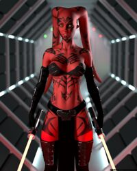 1girls 3d abs alien alien_girl arm_tattoo athletic athletic_female chest_tattoo clothed clothing darth_talon face_tattoo fanart female female_only front_view gloves hair_tentacles indoors large_breasts leg_tattoo lightsaber looking_at_viewer markings pelvic_curtain pinup red_body red_lightsaber red_skin riskybomber sci-fi science_fiction slushe_(website) solo solo_female standing star_wars tattoo tattoos thighhighs twi'lek yellow_eyes