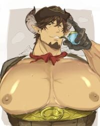 animal_ears bara barawa big_pecs cow_ears draph facial_hair granblue_fantasy horns male male_only muscles muscular solo solo_male sweat sweating waribashi