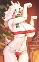 1girls anthro aqua_eyes bell big_breasts blush buta99 cameltoe caprine christmas female female_only fur furry furry_only hi_res holidays horizontal_pupils horns long_hair looking_at_viewer messy_hair partially_clothed pose red_nose scarf sheep sheep_ears sheep_horns short_tail smiling smiling_at_viewer solo solo_female thong topwear vanilla_(buta99) white_fur white_hair