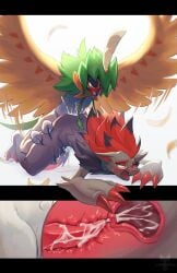 anthro beak biped bodily_fluids brown_body cum cum_in_pussy cum_inside decidueye duo erection feathers female female_penetrated fur generation_5_pokemon generation_7_pokemon genital_fluids genitals grey_body grey_fur hi_res male male/female male_penetrating male_penetrating_female multicolored_body multicolored_fur nintendo open_mouth penetration penile penile_penetration penis pokemon pokemon_(species) pussy red_body red_fur sex simple_background tenebscuro vaginal_penetration vaginal_penetration zoroark